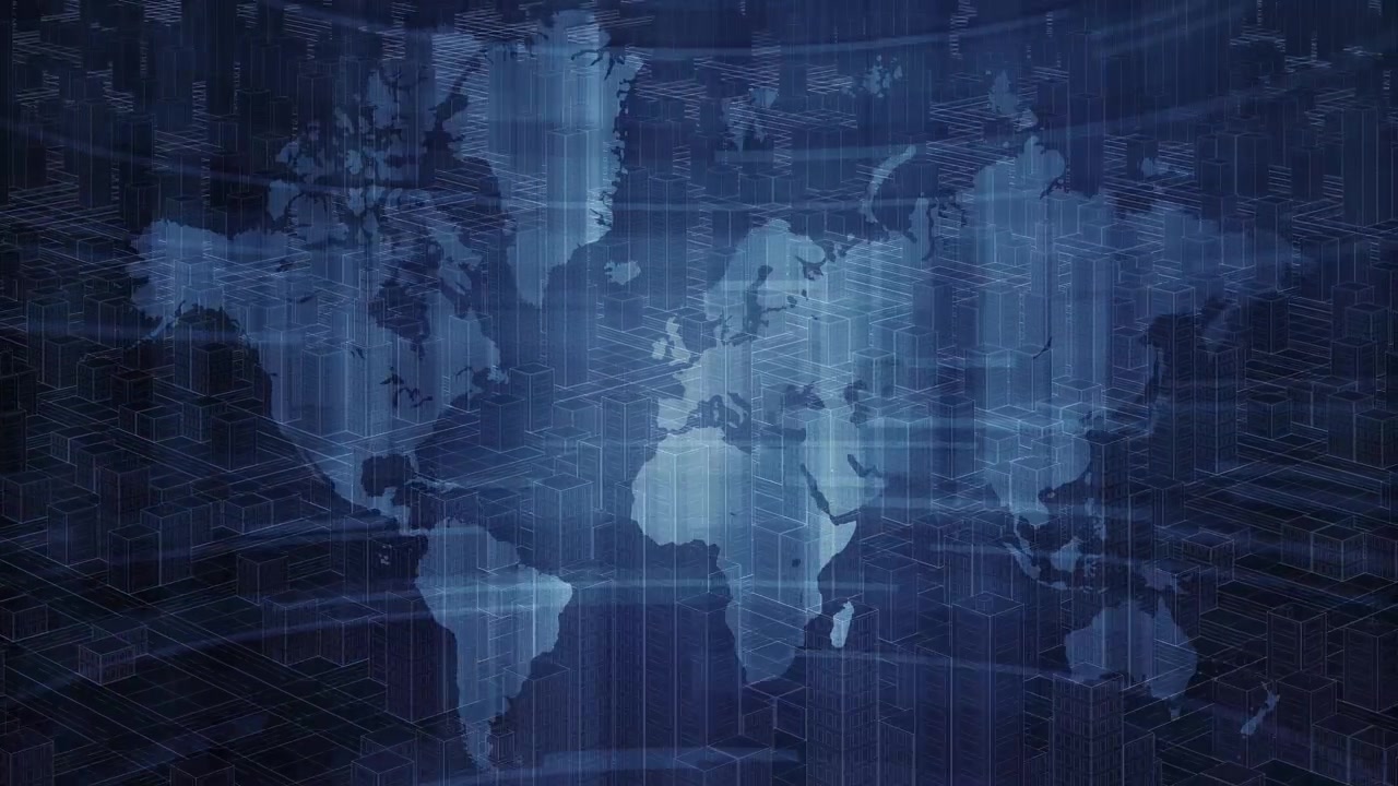 abstract loopable digital world map overlaid on a futuristic abstract city grid, global connectivity, data flow, and technological intelligence