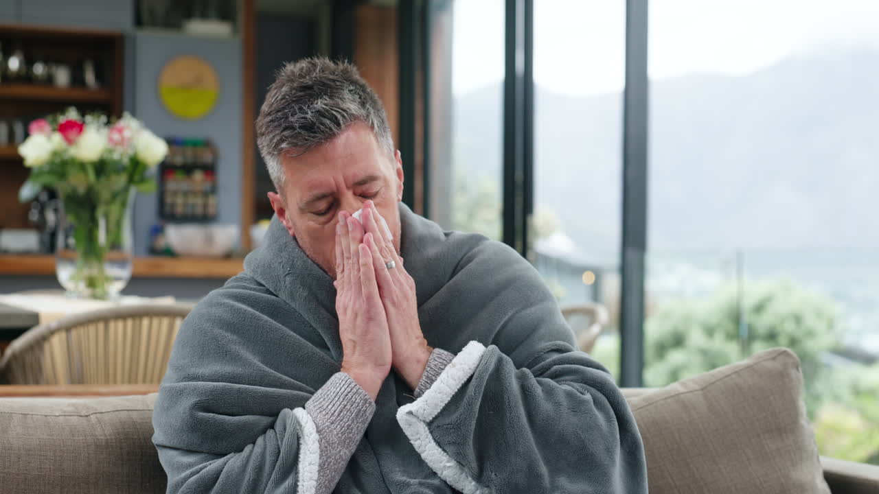 Sick Man Wrapped in Blanket Blowing His Nose on Couch