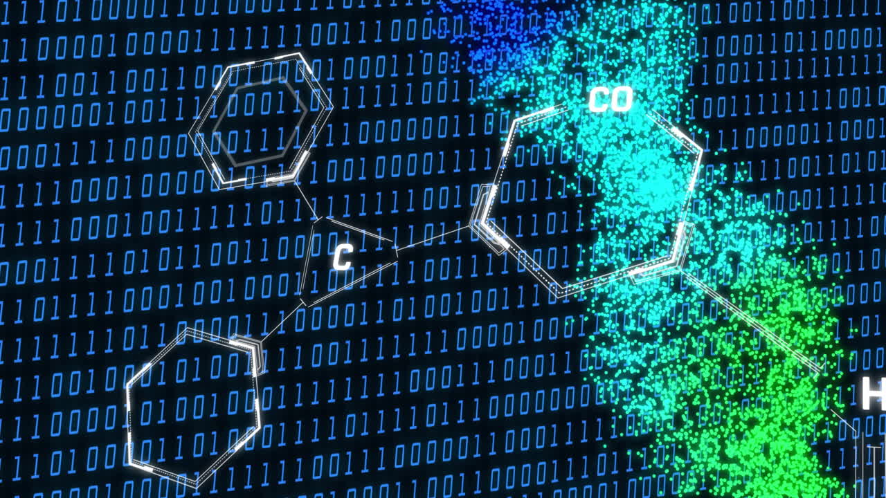 Chemical structure and binary code, data processing animation