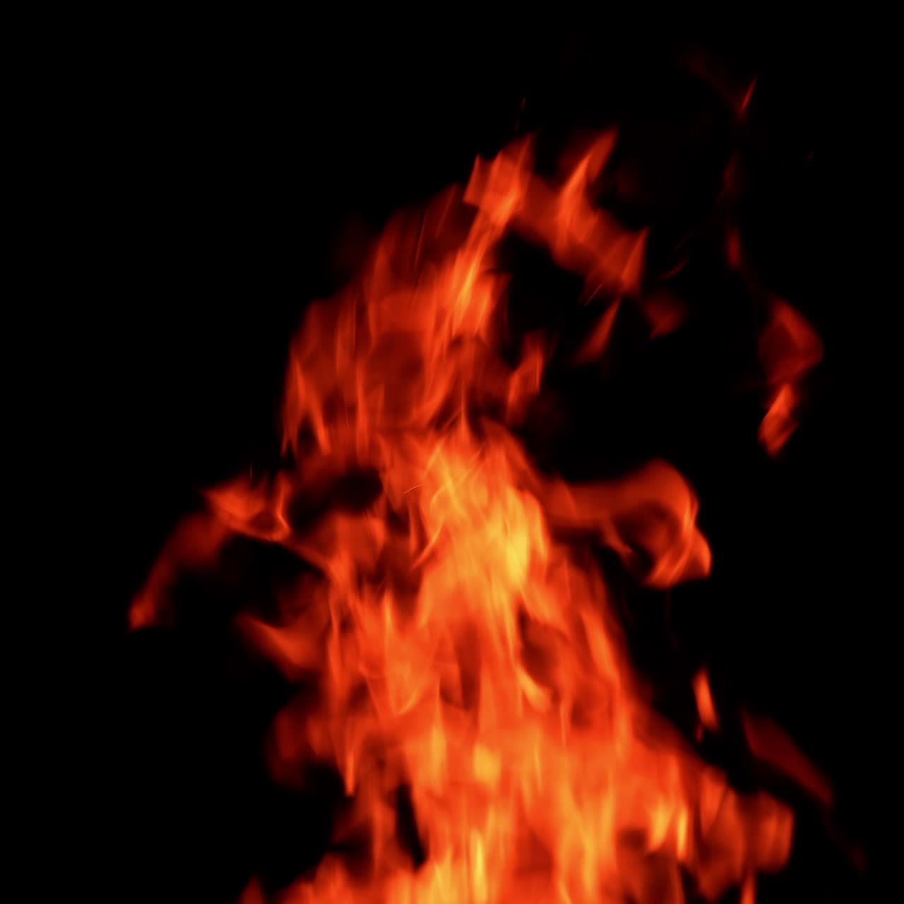 Varmt lejrbålsflammer, der stræber op i luften. Adskillige glødepartikler flyver i luften mod sort baggrund