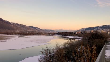 Panoramic-Sunset-View-of-the-Thompson-River-in-Downtown-Kamloops-during-Winter