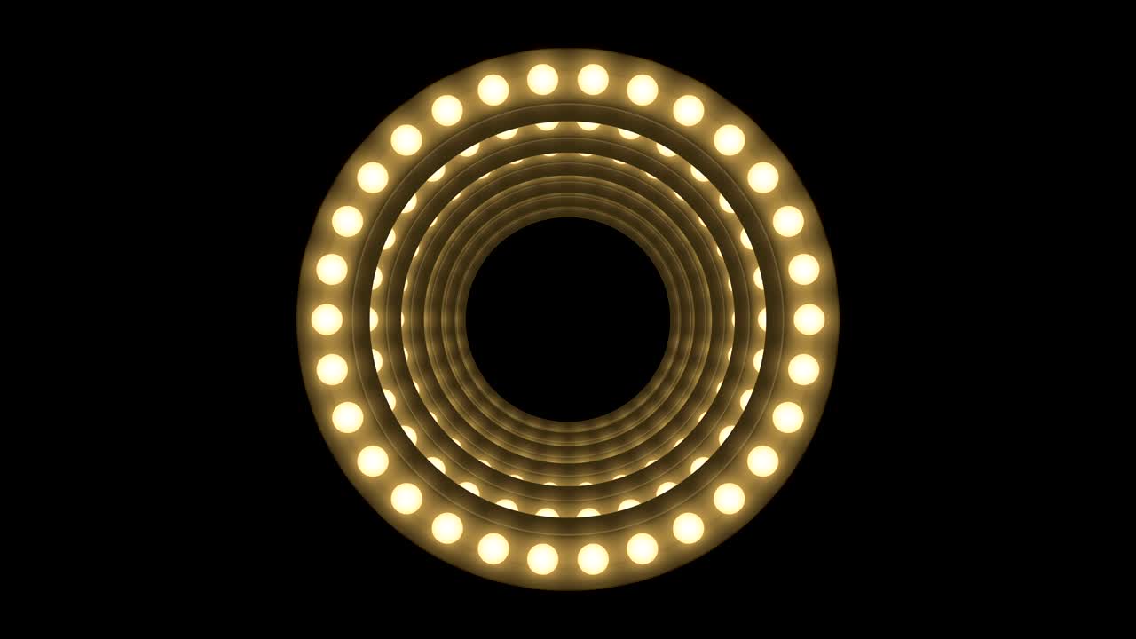 la forma del círculo del marco de la bombilla incandescente del túnel gira el patrón en movimiento, el estilo virtual retro 3d, la ilustración del brillo en fondo oscuro, la animación de bucle sin costuras en 4k, con espacio de copia.