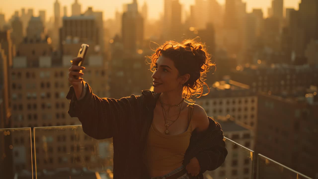Giovane donna sicura di sé si filma con lo smartphone su una terrazza panoramica all'ora d'oro, con la calda luce del tramonto e uno skyline urbano sullo sfondo, catturando contenuti di lifestyle moderno.