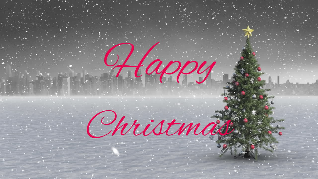 크리스마스 축하 문서의 애니메이션과 겨울 풍경에서 크리스마스 트리 위에 내리는 눈