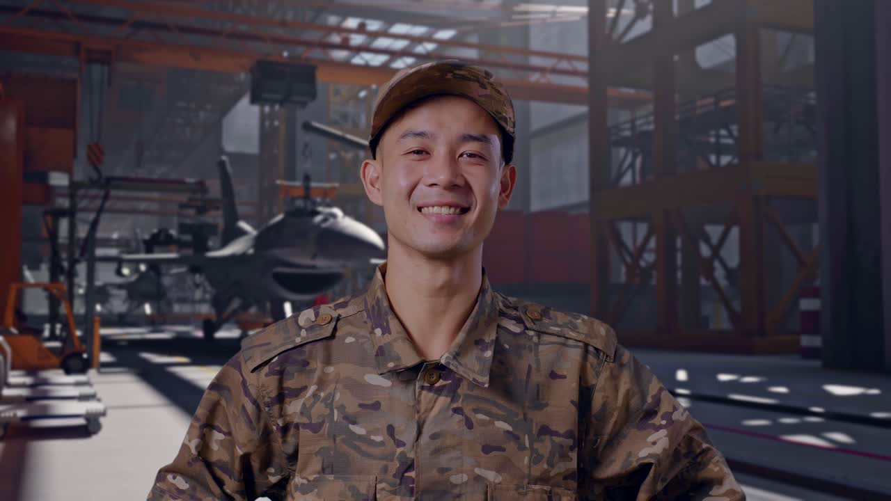 軍用格納庫で迷彩服を着て微笑むアジア系の兵士