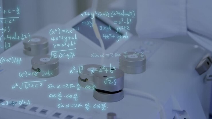 Animation of mathematical equations over african american doctor with blood bag