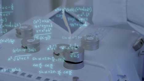 animation of mathematical equations over african american doctor with blood bag