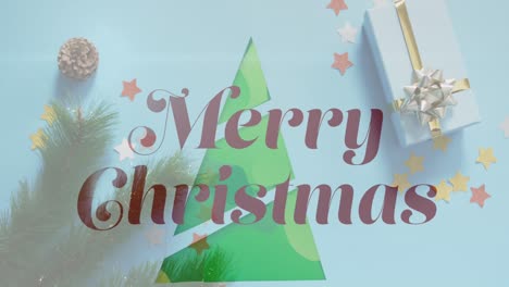 animation of christmas greetings text over christmas tree and decorations