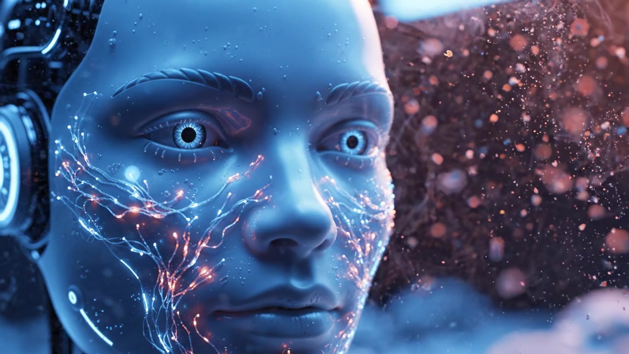 Un volto robotico futuristico rivela circuiti intricati e dettagli luminosi, esplorando l'intersezione tra tecnologia e umanità in una narrazione visiva avvincente