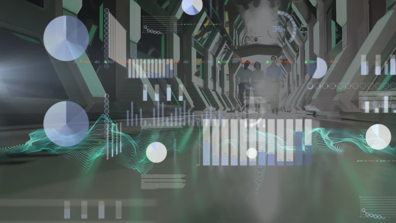 pantallas múltiples con procesamiento de datos y onda digital sobre personas que caminan en la sala del servidor de computadora