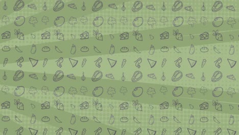 Animation-of-illustration-with-rows-of-icons-over-green-spinning-stripes