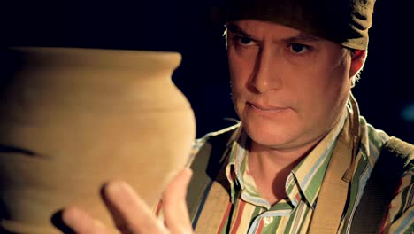 a potters face as he twists a bowl in his hands.