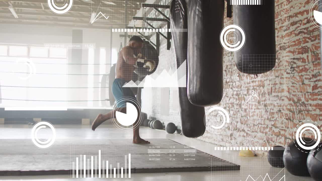 Male boxer stepping forward and punching heavy bag, HUD analytics overlaying charts aiding training