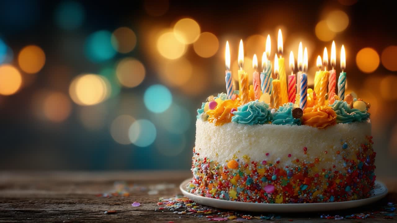 A Colorful Birthday Cake Adorned with Candles and Sprinkles, Glowing in a Joyful Celebration with Delightful Bokeh Background, Perfect for Festive Occasions