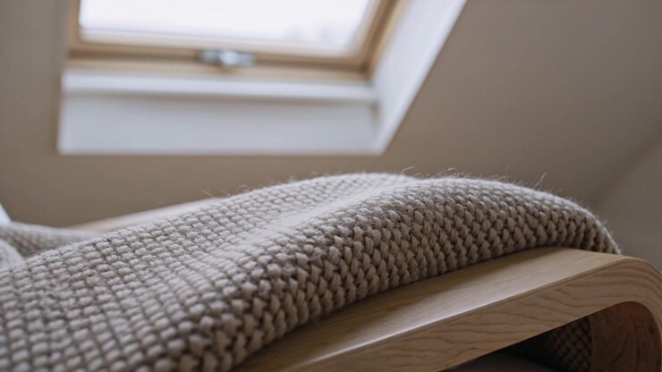 La telecamera si allontana rivelando una coperta spessa su una sedia di legno sotto un lucernario in un loft, evocando calma.