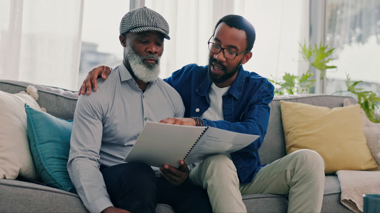 Home, father and son with documents
