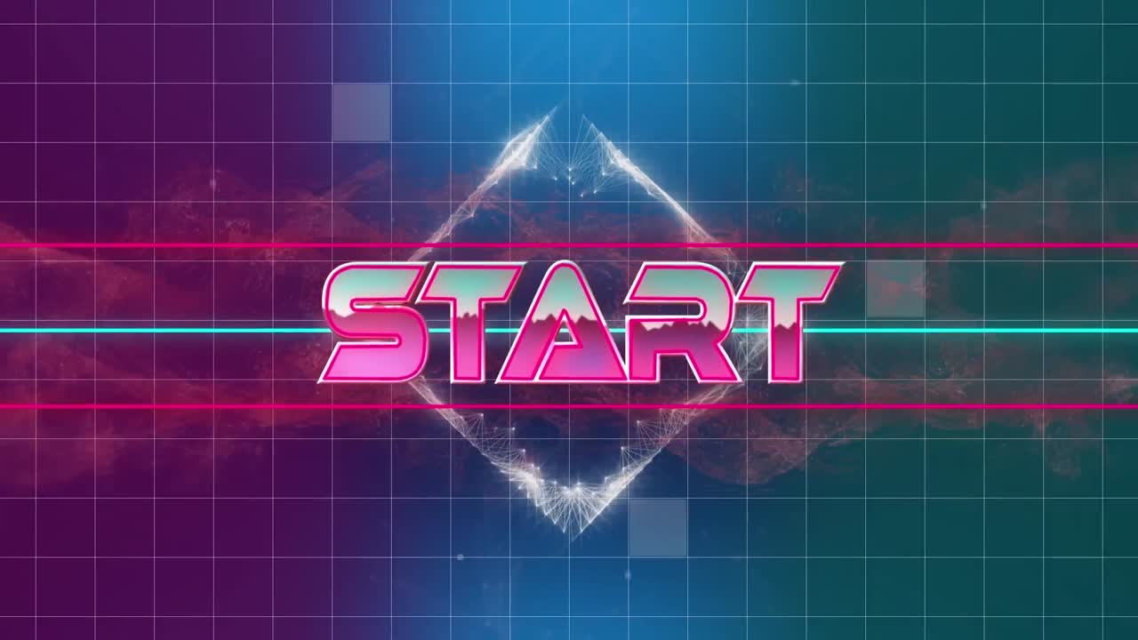 Animation of glitch effect over start text banner and digital wave on purple gradient background