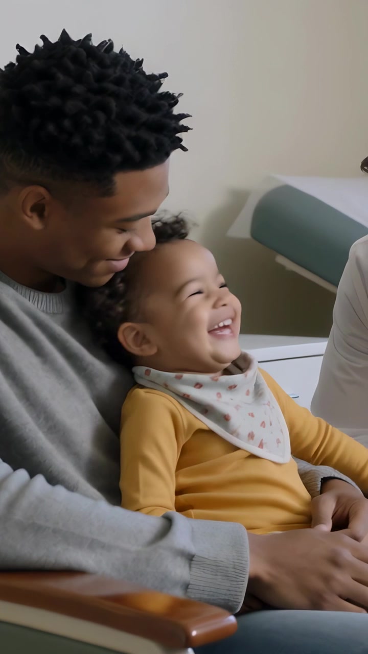 Vertical video: Cradling tot in bib on exam chair, dad smiling, tot laughing at offscreen arm