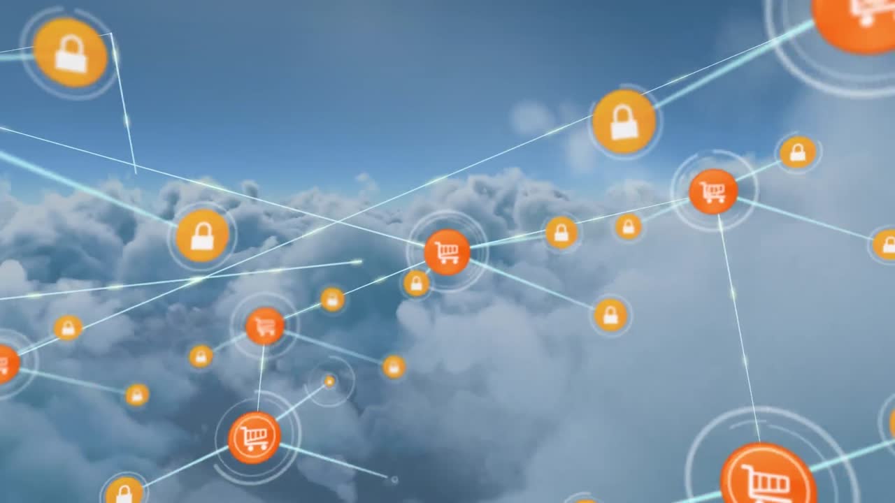 animación de la red de iconos digitales contra la oscuridad en el cielo azul.