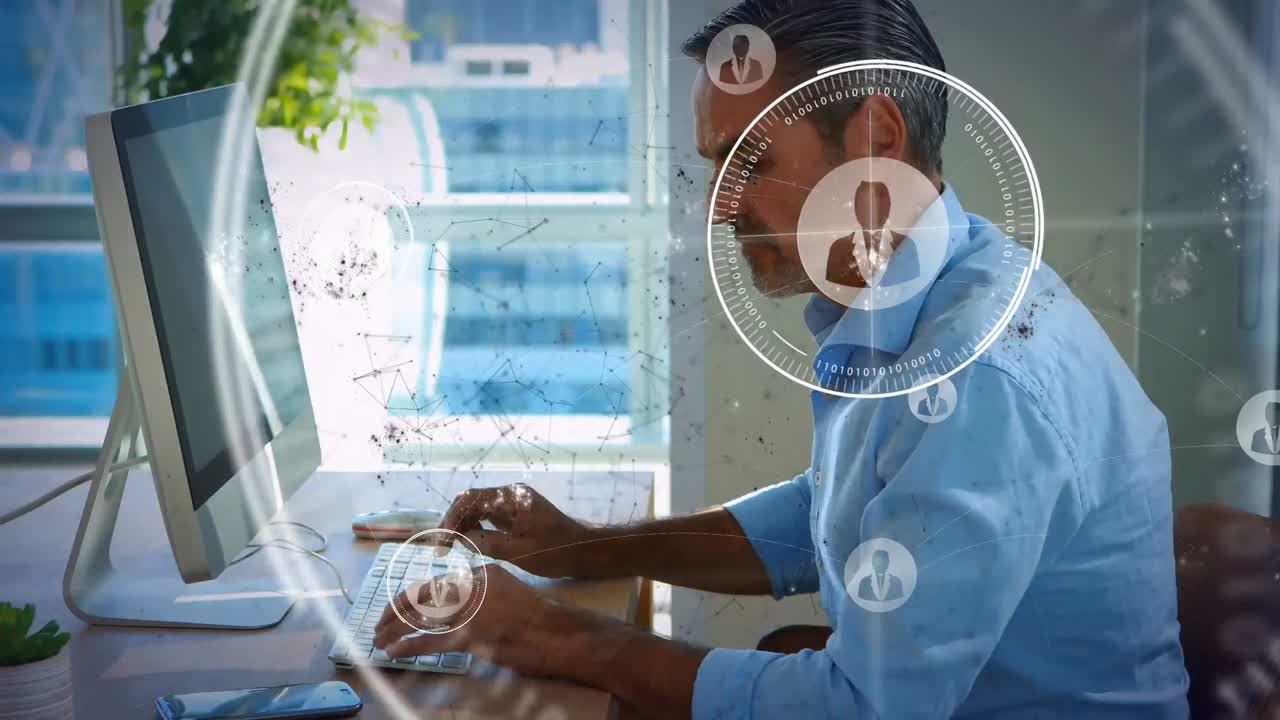Animation of scopes scanning, digital icons and data processing over businessman using computer