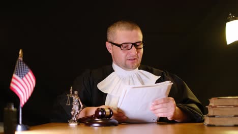 a judge clad in formal attire meticulously examines various legal papers illuminated by gentle, soft lighting