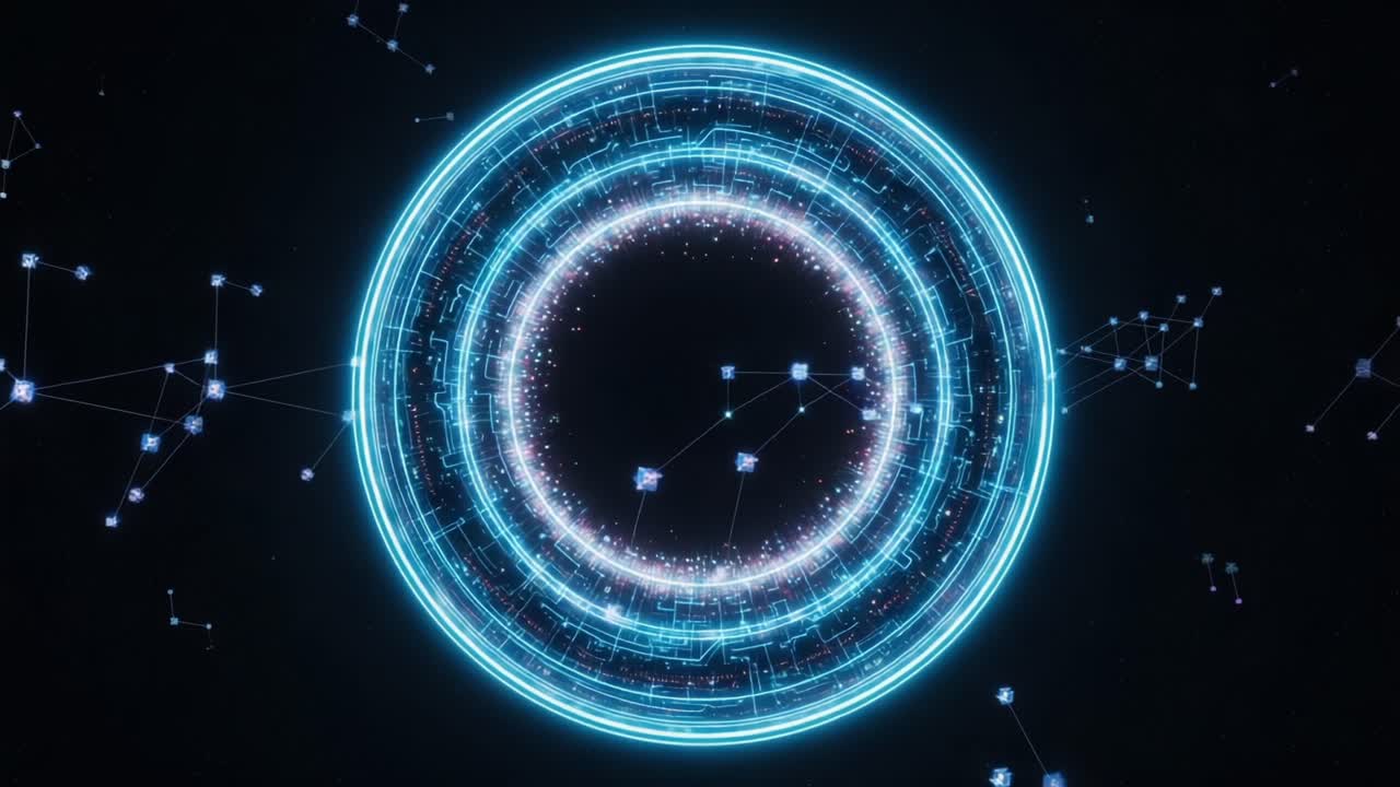 Futuristic Circular Interface with Dynamic Connective Nodes and Energy Patterns, Showcasing a High-Tech Neon Visualization in a Dark Background