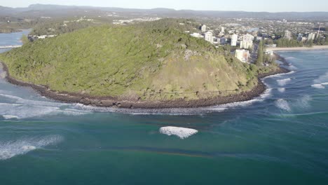 aerial view of burleigh head national park with rainforest in gold coast, qld, australia