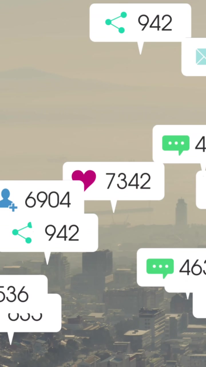 Animation of message icons with changing numbers over fog covered modern city