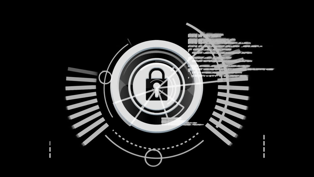 Animation of online security padlock with scope scanning in background