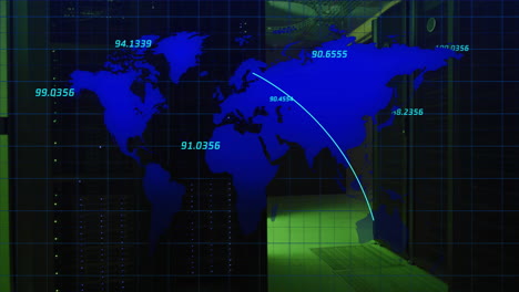 world map with coordinates and data points animation over server room background