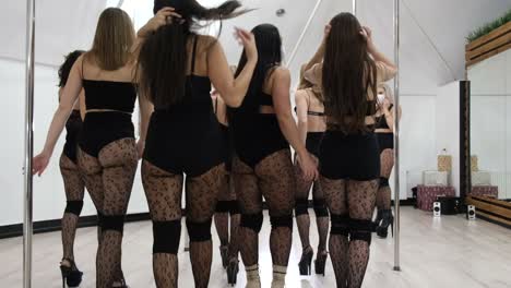 long legs of beautiful sexy girls rear view long legs of beautiful sexy girls rear view close up shot of long bare legs of a group of girls in high heels going to a fashion show