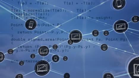 animación de la red de conexiones con iconos digitales y procesamiento de datos sobre fondo azul