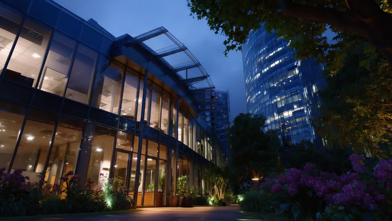 Vista noturna impressionante de um edifício de vidro moderno cercado por vegetação exuberante e flores vibrantes sob um céu noturno iluminado pelas luzes da cidade