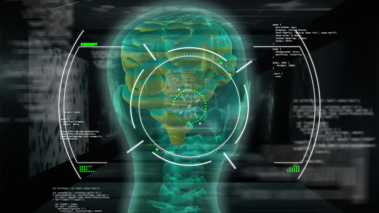 animación de la interfaz digital sobre el modelo de la cabeza humana