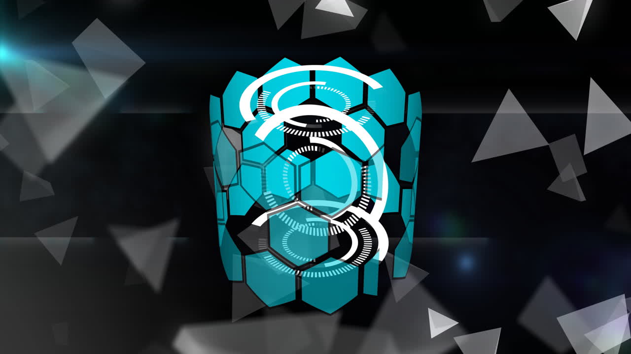 Rotating hexagonal shapes and circles, futuristic animation over dark background