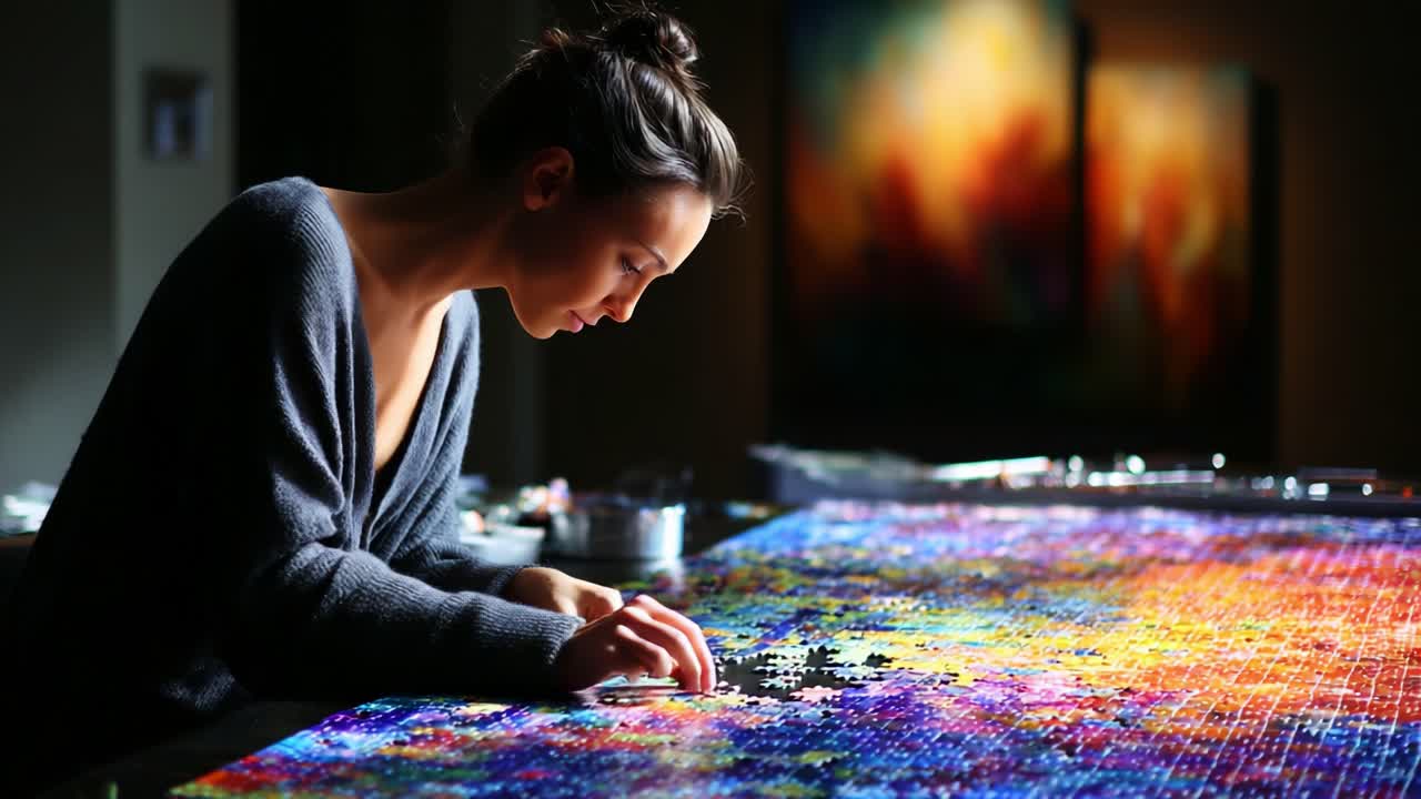 A young woman diligently assembling a vibrant, colorful puzzle, focusing intently on finding pieces and fitting them together to complete the artistic masterpiece on the table