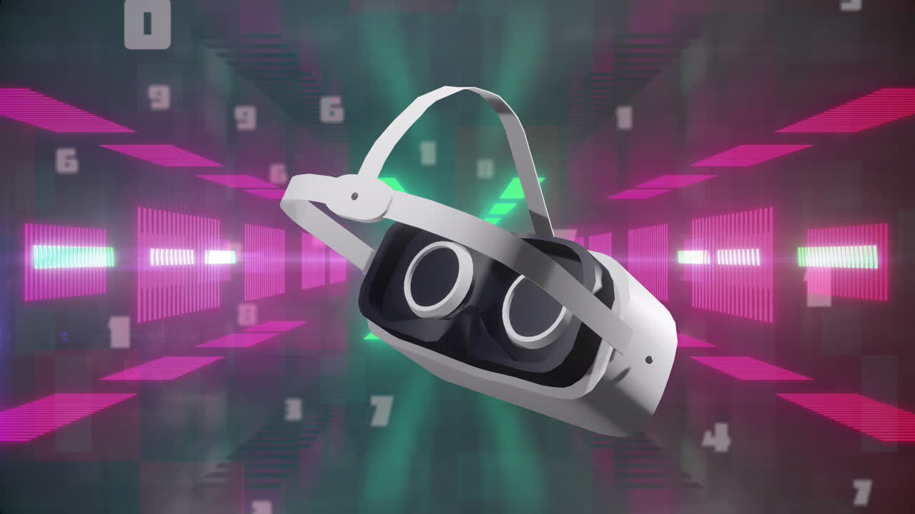 Animation of vr headset over neon shapes and data processing