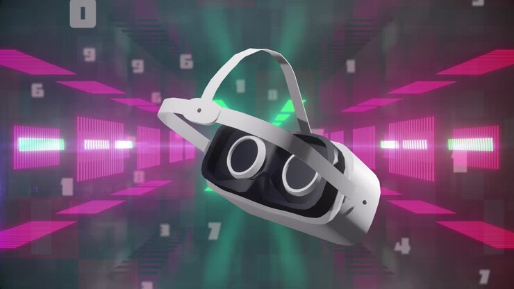 Animazione di visore VR su forme al neon ed elaborazione dati