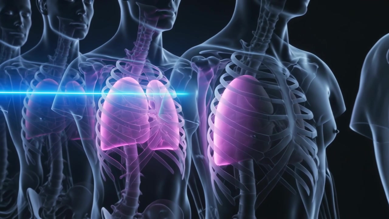 Scansione del torso centrale che mostra polmoni rosa su sfondo scuro, con un raggio blu che spazza per evidenziare i polmoni.