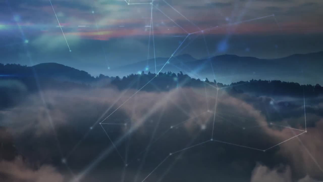Animation of network of connections moving over landscape at sunset