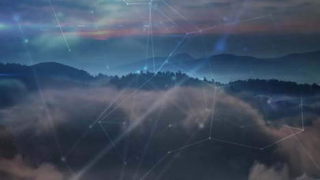 animation of network of connections moving over landscape at sunset