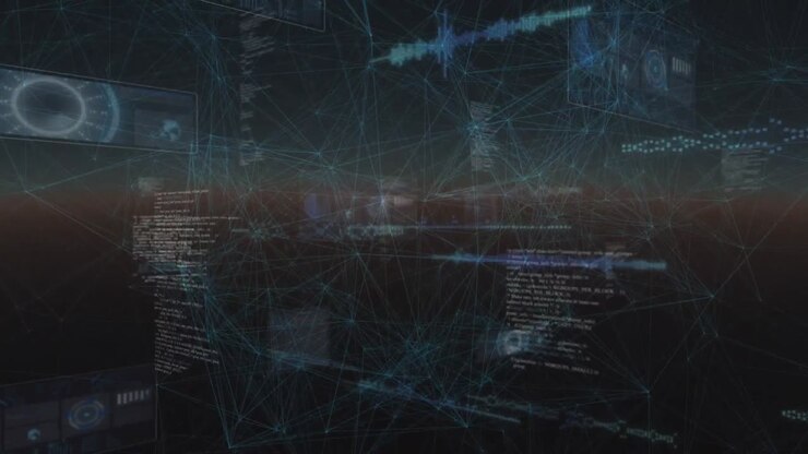 Animation of network of connections and data processing on black background