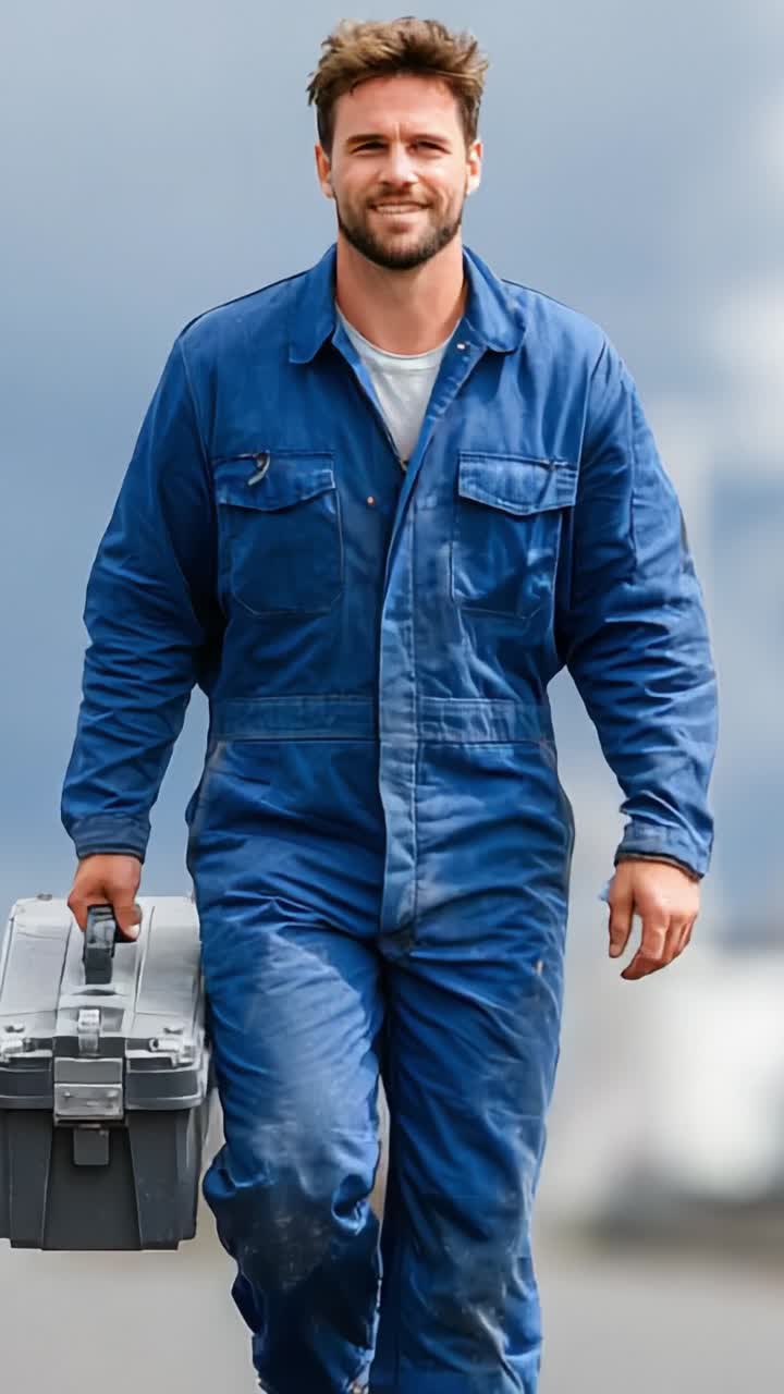 A confident worker in a blue overall walks towards the camera, carrying a toolbox, showcasing professionalism and readiness for a day's work in the field