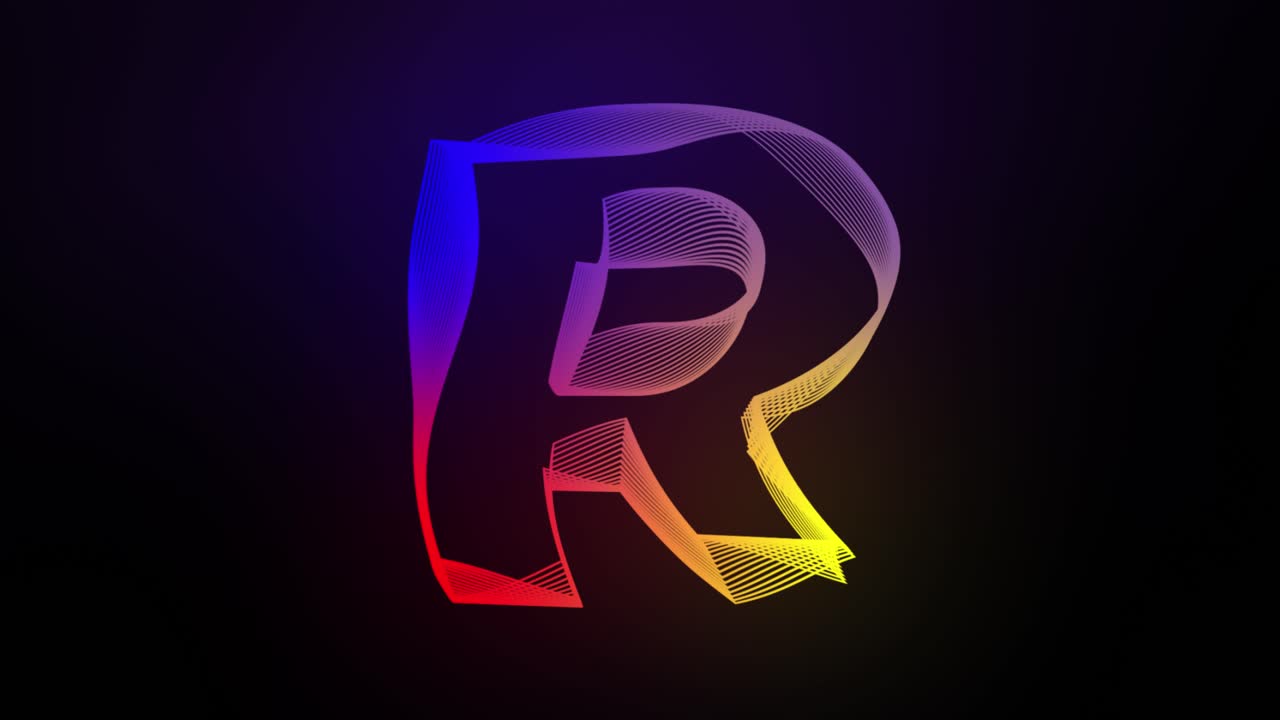3D Letter R swirling lines animation on dark gradient background abstract dynamic motion graphics particle glow typography visual effect rainbow digital alphabet
