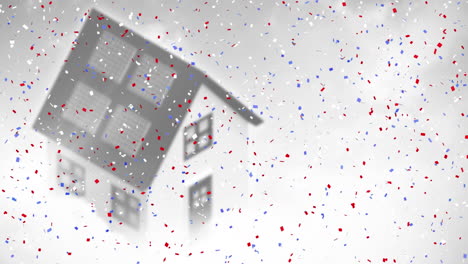 animation von amerikanischen roten, weißen und blauen konfetti, die über schwarz-weißes haus und bewölktem himmel fallen