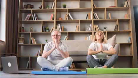 senior couple doing yoga sitting on gymnastic mats in living room in harmony with yourself senior couple doing yoga sitting on gymnastic mats in living room with books in background in harmony with yourself meditation for health