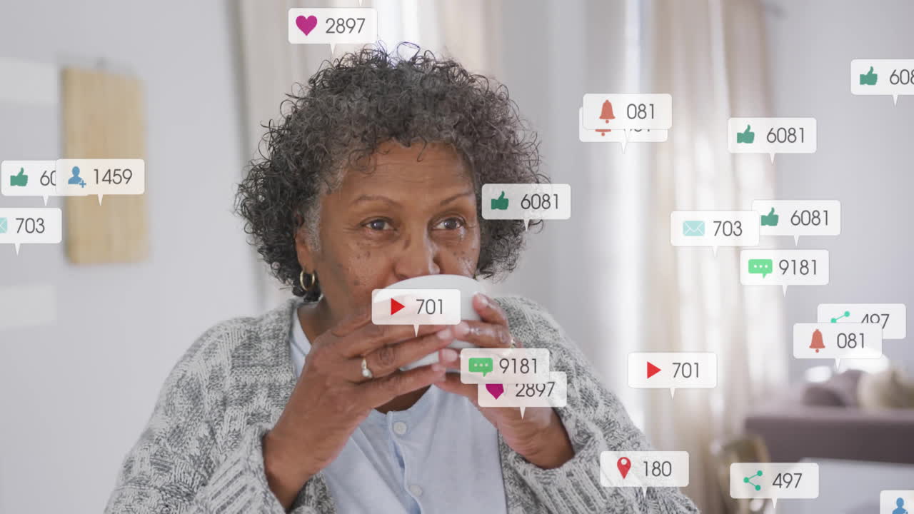 Drinking coffee, elderly woman surrounded by social media notifications animation