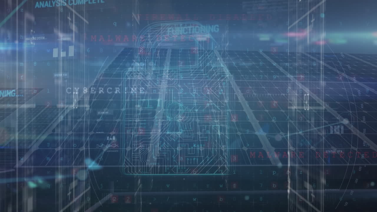 Animation of data processing, network connecting dots with lock icon against solar power station