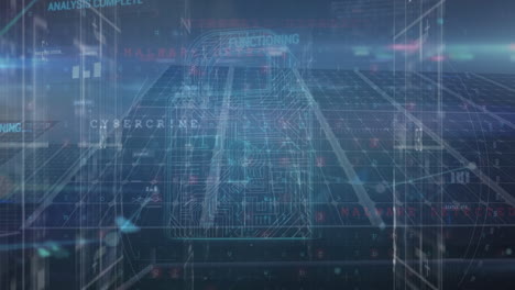 Animation-of-data-processing,-network-connecting-dots-with-lock-icon-against-solar-power-station