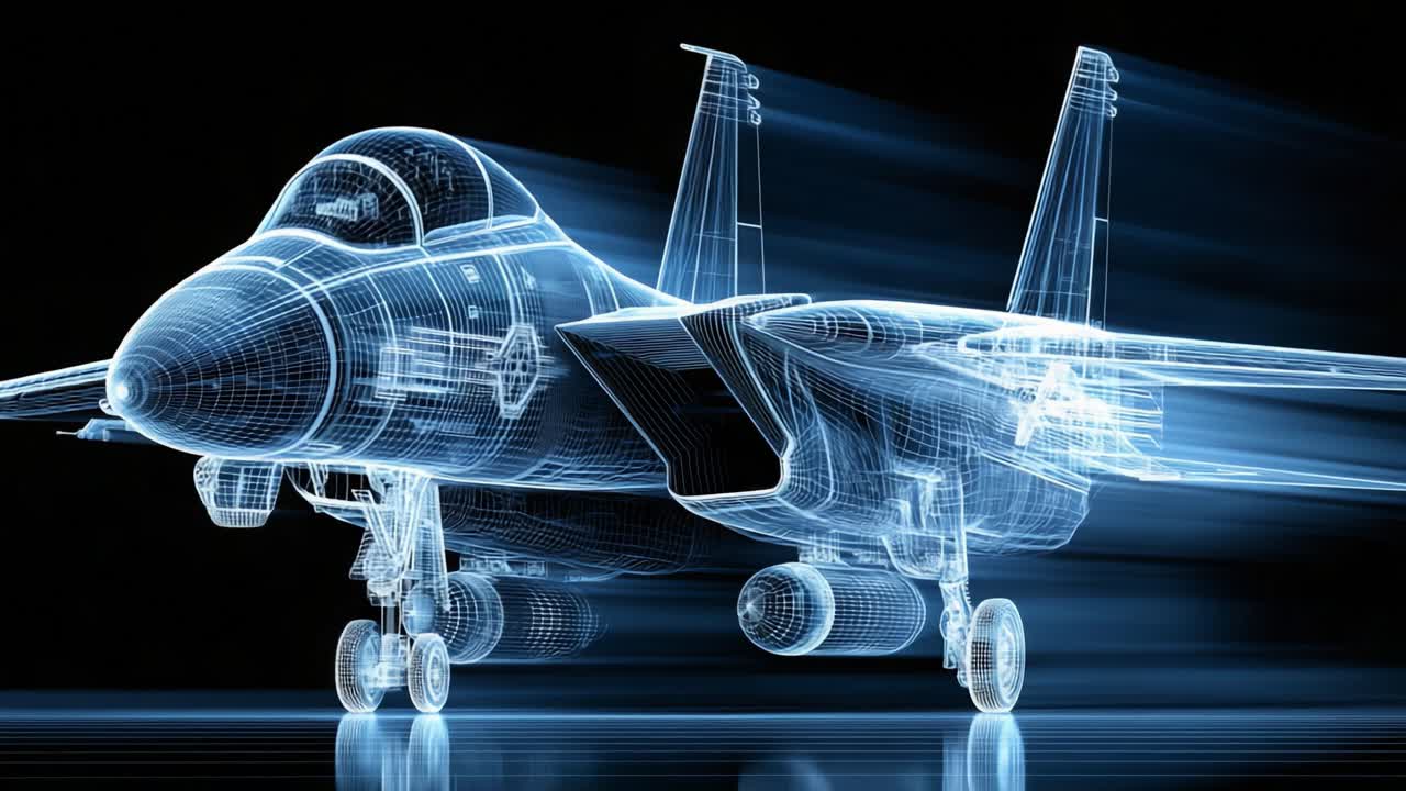 Dynamic Visualization of a Futuristic Fighter Jet in a High-Tech Wireframe Model, Capturing the Essence of Advanced Aerodynamics and Engineering Innovation